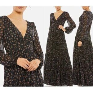 Mac Duggal 55431 Floral Tiered Long Sleeve Maxi Gown Dress Black Size 8 NEW $398